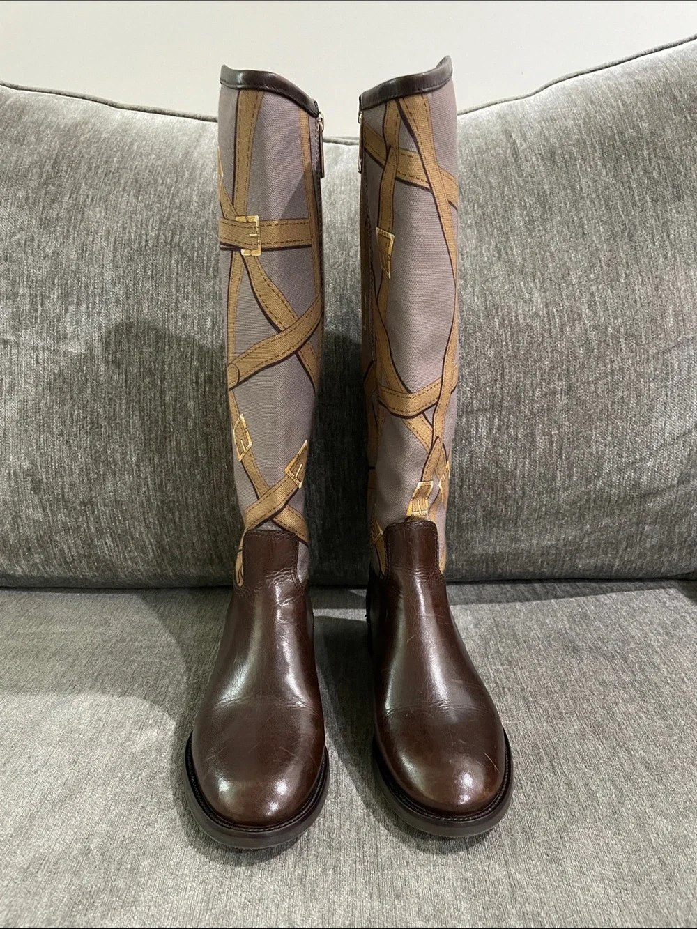 Tory Burch FELIX Riding Boots Brown Leather Equestrian Print Fabric Zip Size 5